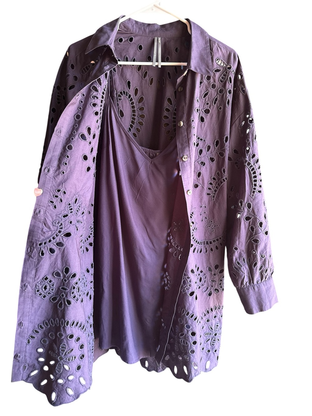By Anthropologie Long-Sleeve Eyelet Mini Shirt Dress Size Large Purple - Picture 3 of 14